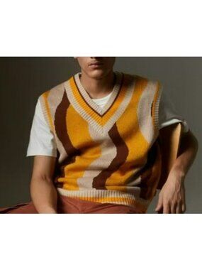Retro-Inspired Urban Outfitters Knit Vest In Yellow & Brown Waves  Large